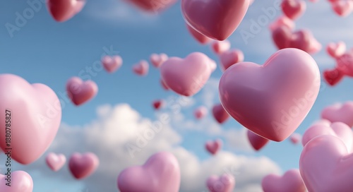 Floating pink hearts in blue sky with clouds