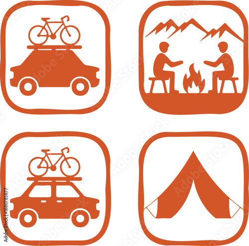 Four orange square icons showing outdoor activities like camping a car with bicycle and mountains