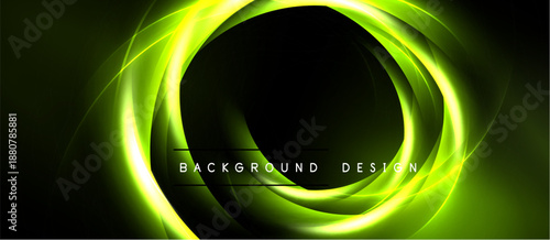 Abstract neon swirls create dynamic circular design. Dark background emphasizes bright green energy flow, modern aesthetic.