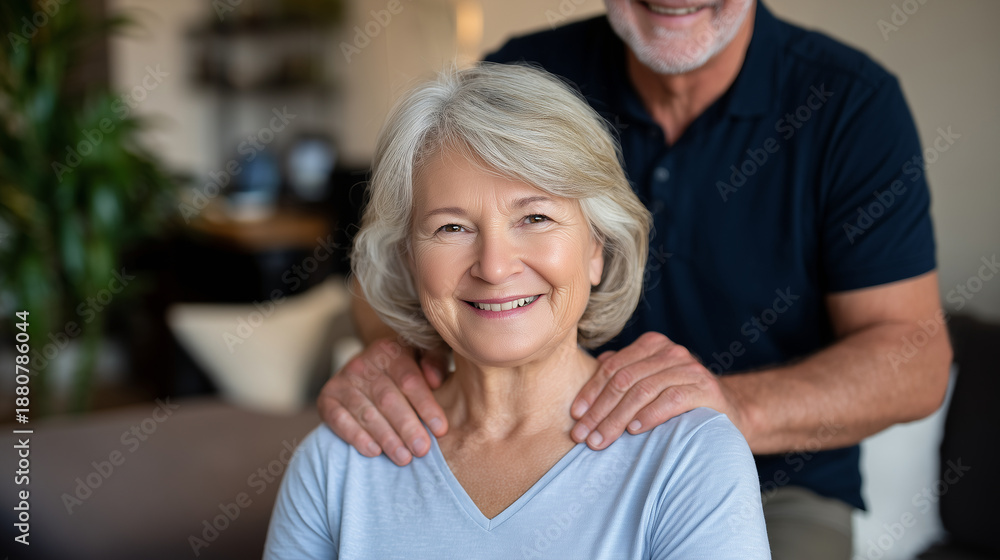 Obraz premium Man giving a neck massage to a smiling woman sitting in a chair, senior couple wellness and relaxation at home, soft morning light streaming through a window, cozy living room with