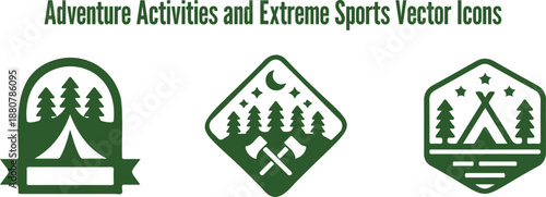 Three green adventure and extreme sports badge icons featuring trees mountains and camping tents