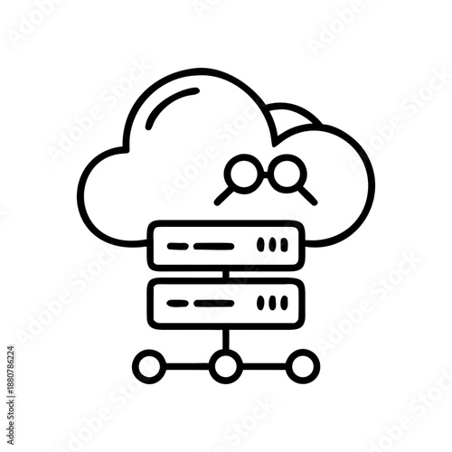 Cloud server with magnifying glass outline on transparent background silhouette