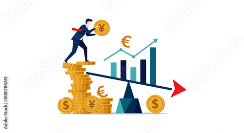 global financial investment with a businessman balancing international currency on a seesaw illustrating market trends and growth.