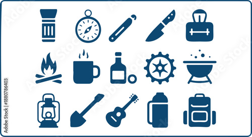 A comprehensive collection of camping and outdoor adventure icons in a simple blue silhouette style