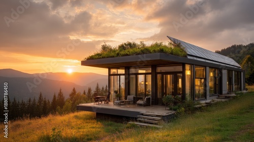 Modern house with green roof at sunset over mountains and forest