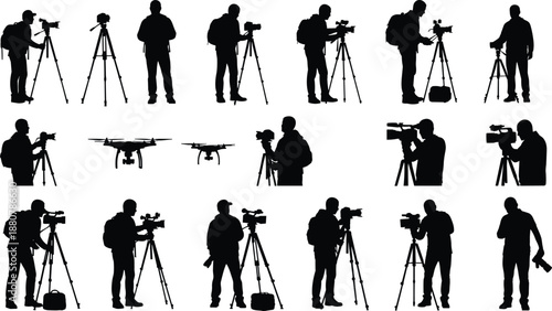 Collection of silhouettes showing videographers operating cameras on tripods and drones, illustrating filming, media production, and professional videography concepts