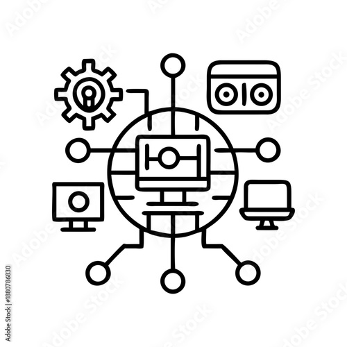 Network of computers with gear and monitor on transparent background silhouette