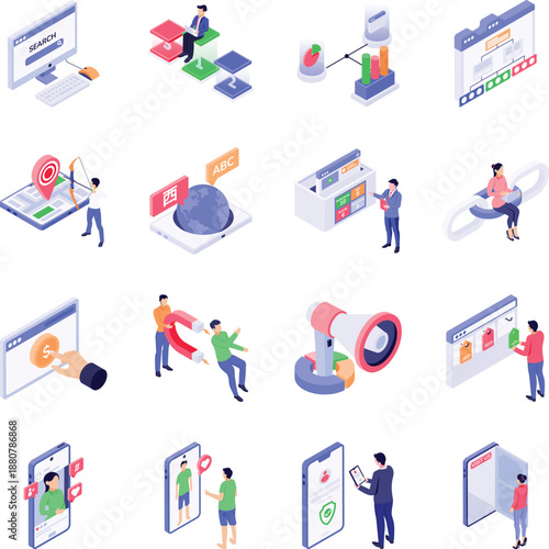 Collection of Marketing and Growth Isometric Style Icons 