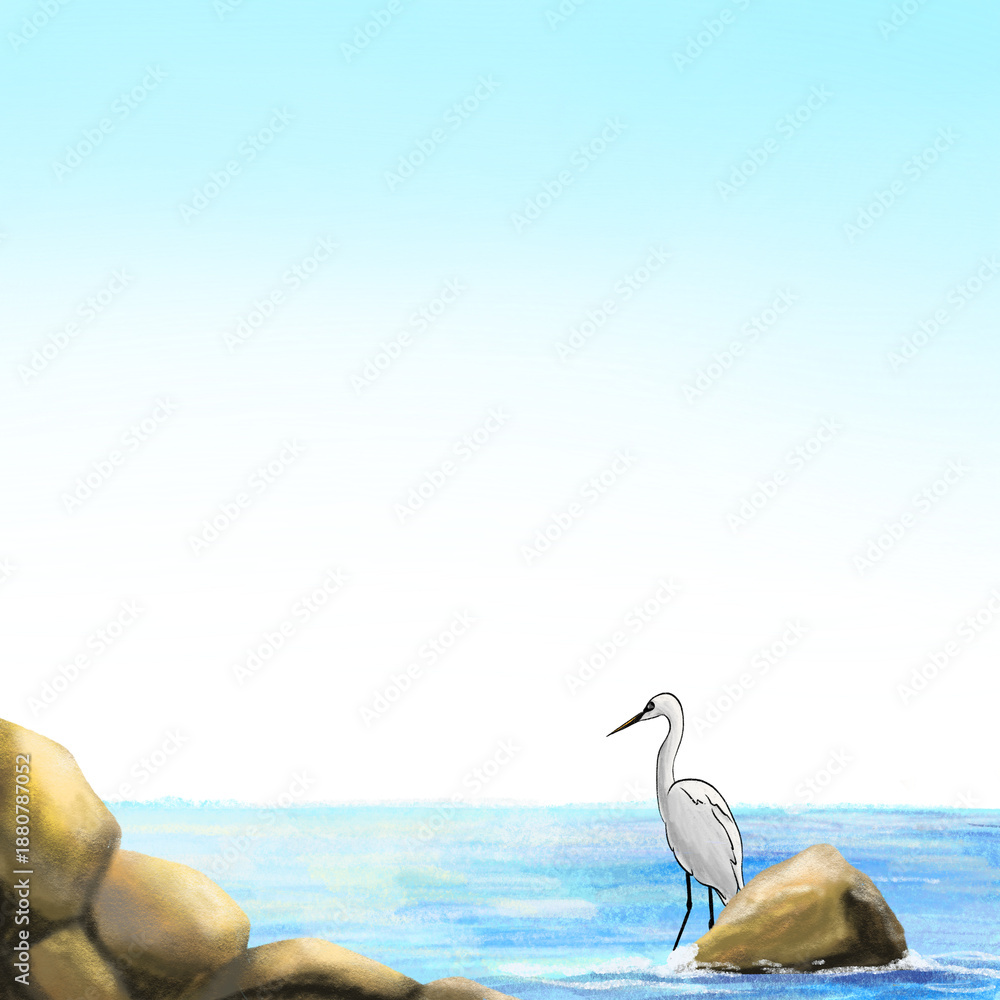 Obraz premium Egret stands beside the calm sea and rock background illustration