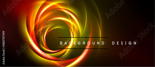 Abstract swirls, vibrant colors, dynamic energy. Dark background emphasizes glowing orange, yellow forms. Modern design element.
