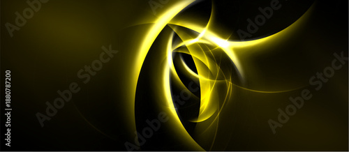 Abstract golden swirls dominate dark background. Bright light emanates from center, creating dynamic visual effect. Smooth curves suggest movement.