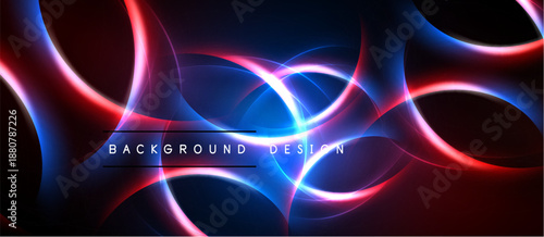 Abstract design features vibrant glowing lines, red, blue hues. Dark background enhances luminosity, creating dynamic visual effect.