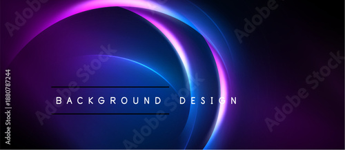 Abstract neon lights create dynamic curves, vibrant colors. Dark background emphasizes glowing shapes, modern design element.