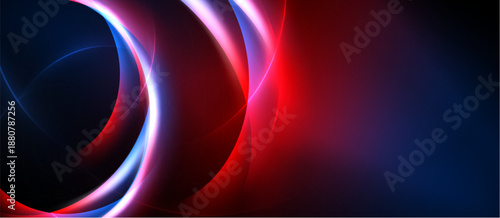 Abstract design features flowing curves, vibrant red, blue hues. Light streaks create dynamic visual impact, dark background contrasts sharply.