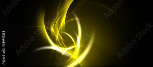 Abstract yellow lines swirl against dark background. Bright energy radiates, creating dynamic visual effect. Smooth curves suggest movement, light.