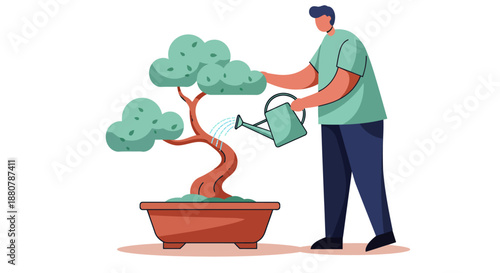 man carefully watering a delicate bonsai tree in a ceramic pot symbolizing growth patience and investment in personal or business development.