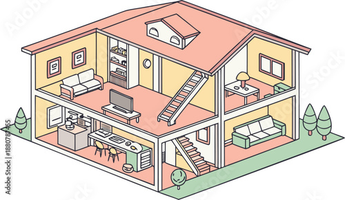 Home interiors elements concept isometric 3d icons set. illustration of info graphic interior room concept in isometric graphic. Furnished rooms isometry isolated collection. bedroom, childs room,