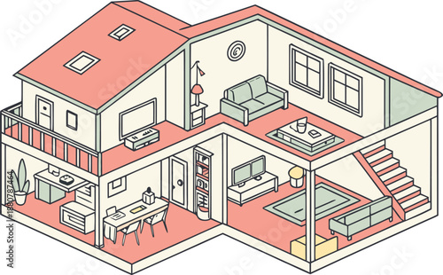 Home interiors elements concept isometric 3d icons set. illustration of info graphic interior room concept in isometric graphic. Furnished rooms isometry isolated collection. bedroom, childs room,