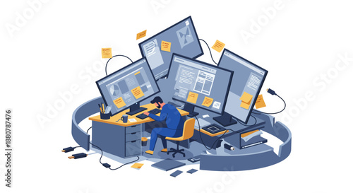multitasking professional working intensely surrounded by computer screens displaying data analytics and intricate software development.