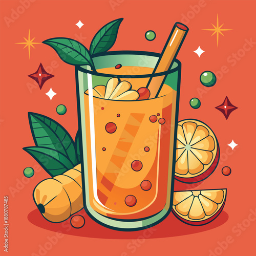 A glass of vibrant orange smoothie with orange slices and leaves