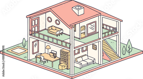 Home interiors elements concept isometric 3d icons set. illustration of info graphic interior room concept in isometric graphic. Furnished rooms isometry isolated collection. bedroom, childs room,
