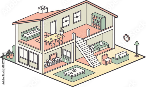 Home interiors elements concept isometric 3d icons set. illustration of info graphic interior room concept in isometric graphic. Furnished rooms isometry isolated collection. bedroom, childs room,