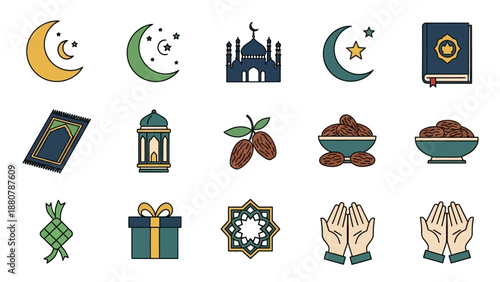 Islamic Icons Set: Ramadan, Eid, Mosques, Dates, Prayer Mat, Lantern, Quran