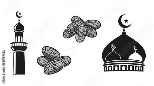 Islamic Mosque Dome and Minaret with Dates Fruit Vector Icons