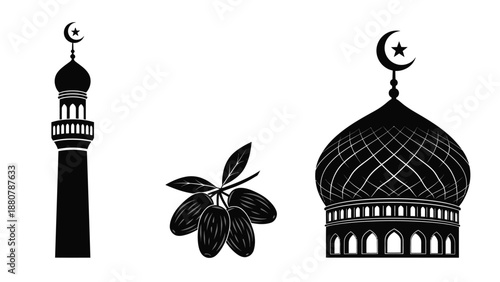 Islamic Mosque Minaret and Dome Silhouette with Dates Branch