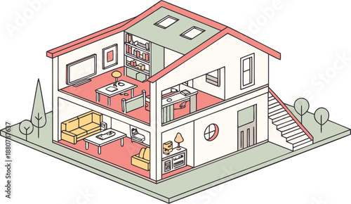 Home interiors elements concept isometric 3d icons set. illustration of info graphic interior room concept in isometric graphic. Furnished rooms isometry isolated collection. bedroom, childs room,
