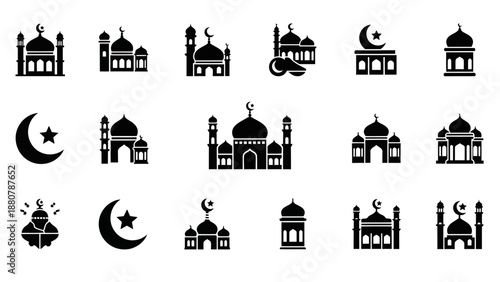 Islamic Mosques and Crescent Moon Icons Collection