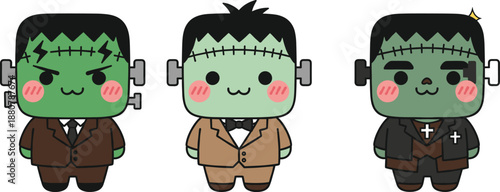 Frankenstein cartoon illustration, cute monster characters, playful horror design, spooky Halloween artwork, green undead figure, stitched scar creature, fantasy