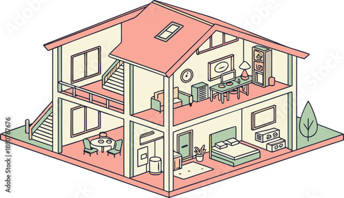 Home interiors elements concept isometric 3d icons set. illustration of info graphic interior room concept in isometric graphic. Furnished rooms isometry isolated collection. bedroom, childs room,