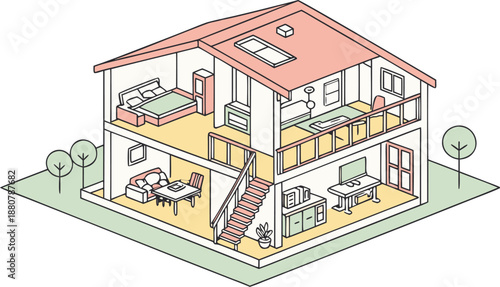 Home interiors elements concept isometric 3d icons set. illustration of info graphic interior room concept in isometric graphic. Furnished rooms isometry isolated collection. bedroom, childs room,