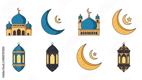Islamic Ramadan Icons: Mosques, Crescent Moons, and Lanterns
