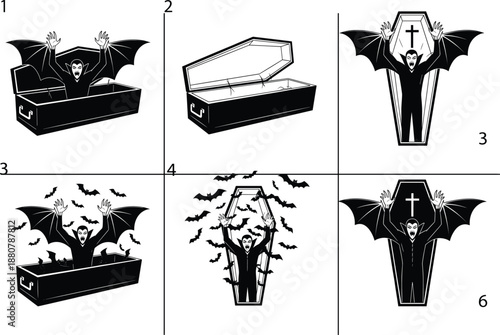 Halloween coffin puzzle illustration, spooky bats, gothic cross design, creepy riddle artwork, horror themed game, mysterious dark cartoon challenge