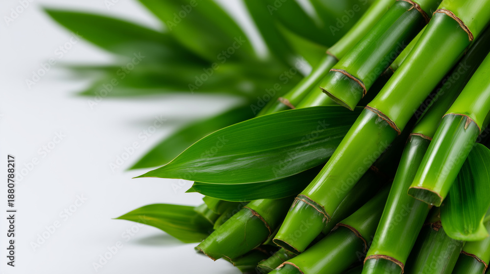 Obraz premium Minimalist close up of vibrant green bamboo stems on a clean off white background, ideal for spa branding, mindfulness concepts and modern natural lifestyle design, soft natural li