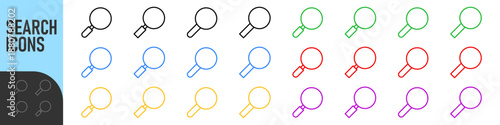 Search icons. Set of magnifying glass icons. Magnifier or loupe sign set. Search icon Concept for finding people to work. Color icon set. Night mode, dark mode
