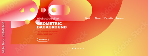 Abstract website header. Geometric shapes, gradient colors, text elements present. Navigation menu visible, modern design aesthetic.