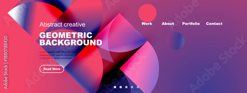 Abstract geometric background design. Vibrant colors, flowing shapes, text elements present. Modern aesthetic, website header potential.