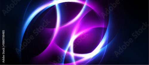 Abstract glowing shapes dominate dark background. Purple, white light creates dynamic energy, flowing curves. Modern design element.