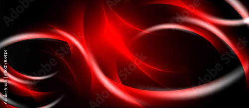 Abstract red swirls dominate central space. Black background creates dramatic contrast, highlighting flowing shapes. Dynamic energy radiates from design.