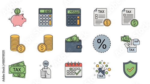 Financial icons collection showcasing tax, money, and security elements in a simple, modern style from a straightforward viewpoint