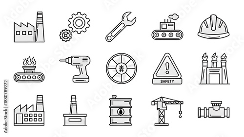 Industrial icons collection featuring machinery and tools in a modern manufacturing setting viewed from above