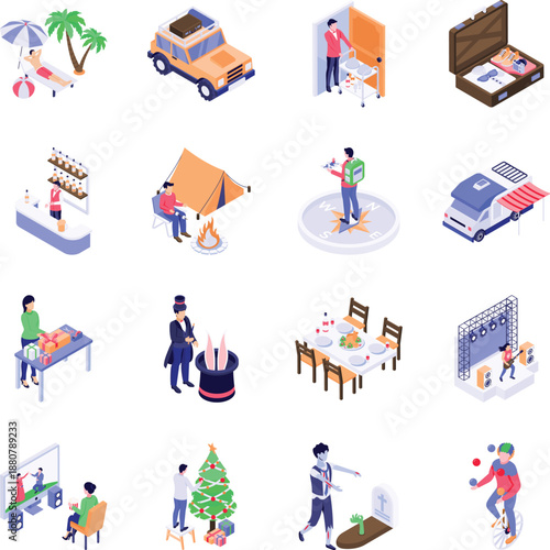 Pack of Miscellaneous Everyday Categories Isometric Style Icons 