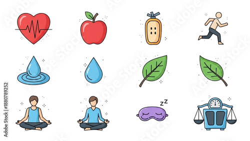 A serene illustration showcasing healthy lifestyle elements including meditation, nutrition, and fitness for overall well-being from a straightforward viewpoint.