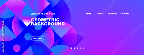 Abstract geometric background features vibrant blue, pink hues. Website header includes navigation options, button. Modern design elements present.