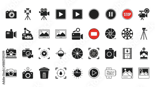 Collection of camera and video icons in various styles on a clean background