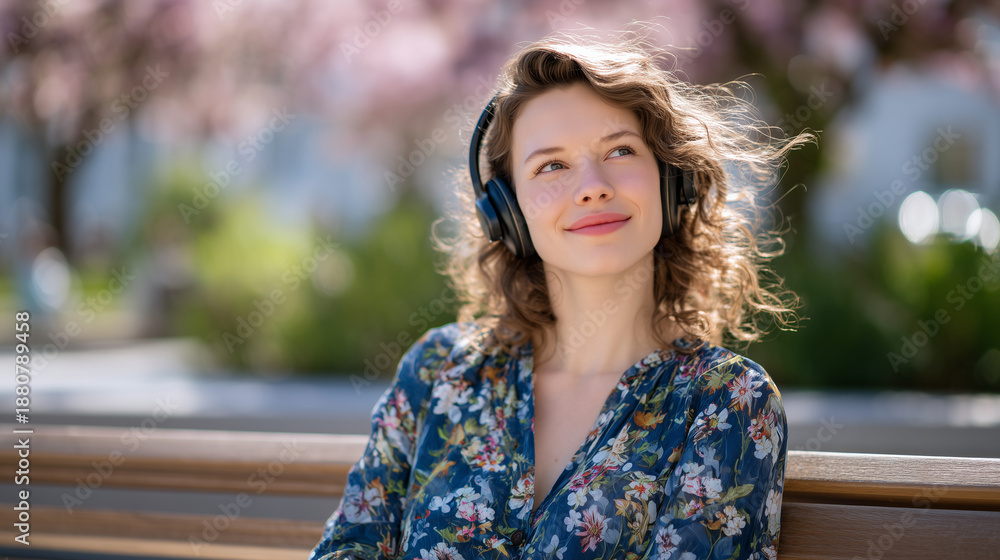 Naklejka premium Woman listening to music and relaxing outside in warm sunny spring day, lounging on a wooden park bench with headphones, gentle breeze moving her hair, sunlit background with bloom