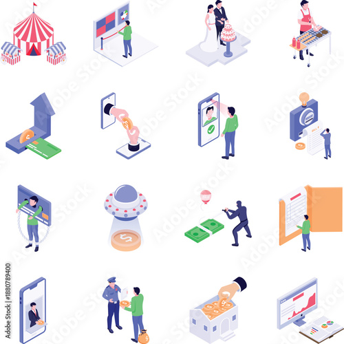 Pack of Miscellaneous Everyday Categories Isometric Style Icons 